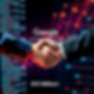 A representation of Google acquiring Spirit Data, showcasing a handshake between two business figures with a digital data background.
