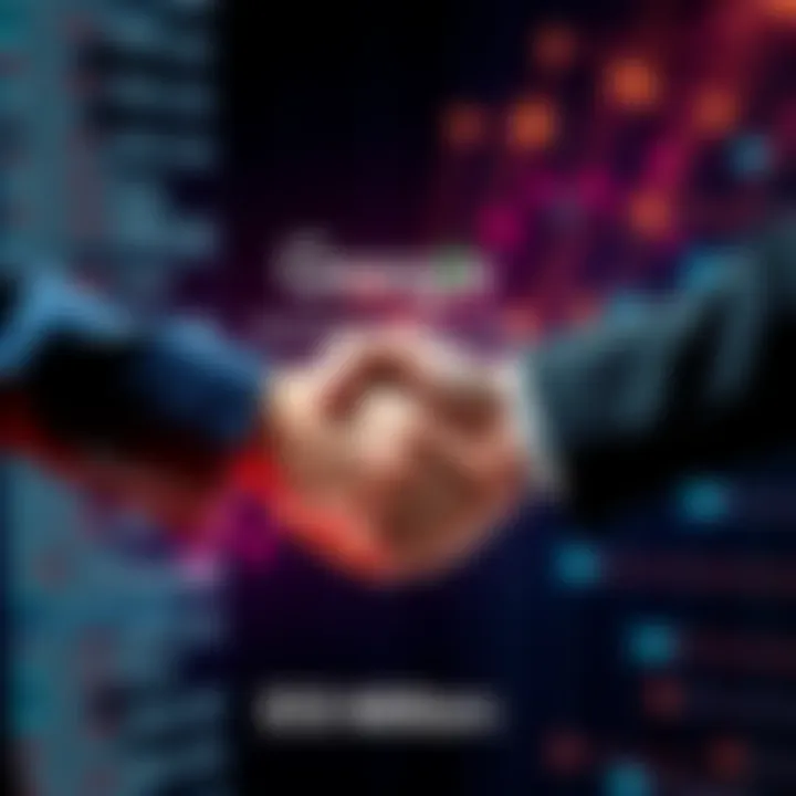 A representation of Google acquiring Spirit Data, showcasing a handshake between two business figures with a digital data background.