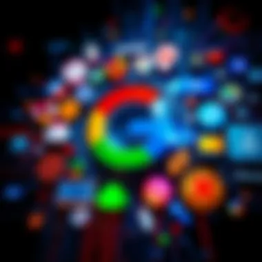 The Google logo surrounded by various technology icons representing services and features