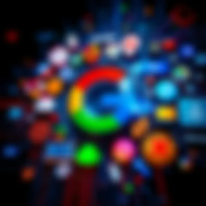 The Google logo surrounded by various technology icons representing services and features