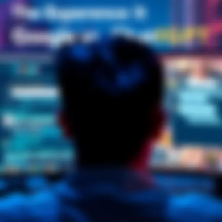 A person looking at a computer screen displaying Google search results on one side and ChatGPT responses on the other side