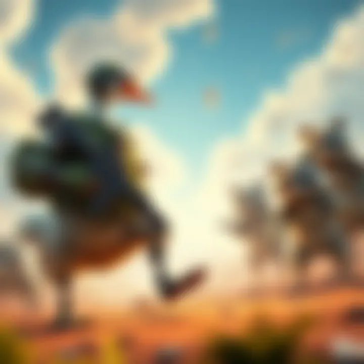 A brave goose wearing military gear confronts robot raccoons in a vibrant open-world setting