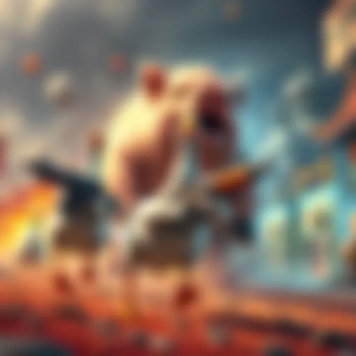 Geese with guns fighting a massive pig A goose holding guns charges toward a giant pig in a colorful game setting