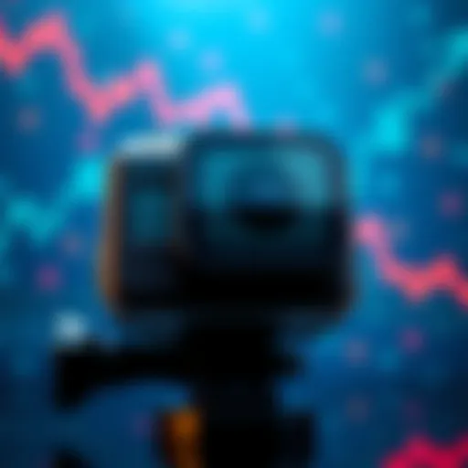 A concerned GoPro logo with financial graphs showing a downward trend, symbolizing potential bankruptcy risks due to AI memory shortage