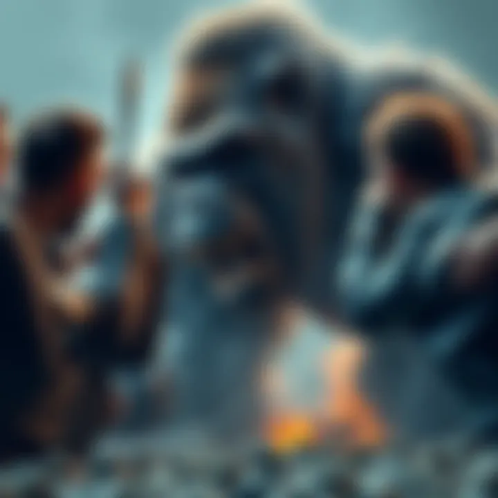 A powerful gorilla faces off against a group of men in a contest of strength