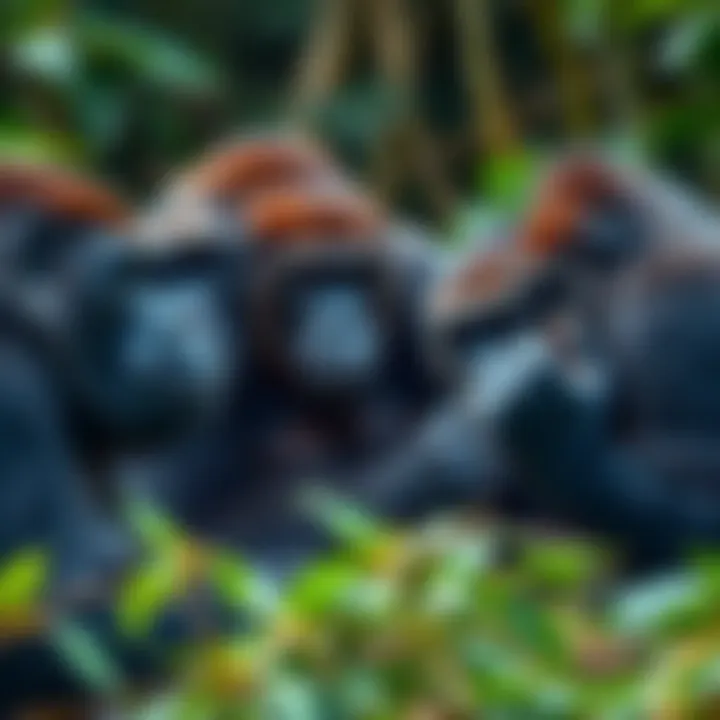 A group of gorillas interacting and communicating in their natural habitat, showcasing their social bonds and emotional expressions.