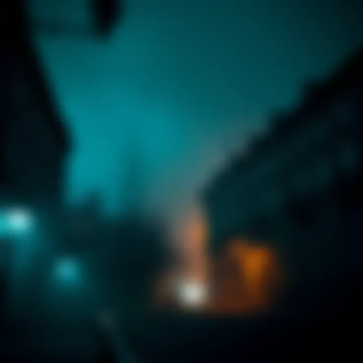 A dark, atmospheric view of Gothenburg with shadows cast by old buildings and a foggy street
