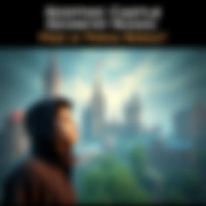 A student contemplating the choice between offering a geometry node for free or for sale, with images of gothic castles and basic meshes in the background.