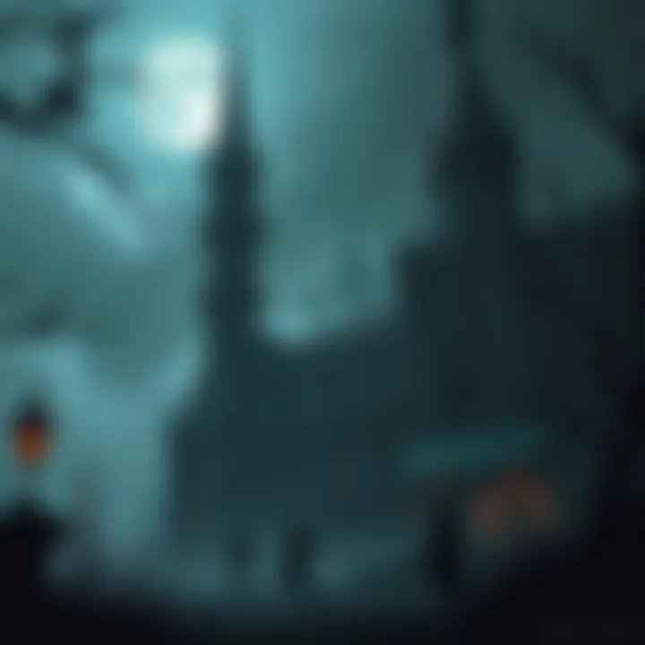 A dark and moody scene depicting a rogue-like gothic game environment with towering castles, eerie forests, and shadowy figures