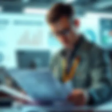 A government official examines documents related to AGI technology regulations with a concerned look, surrounded by charts and graphs