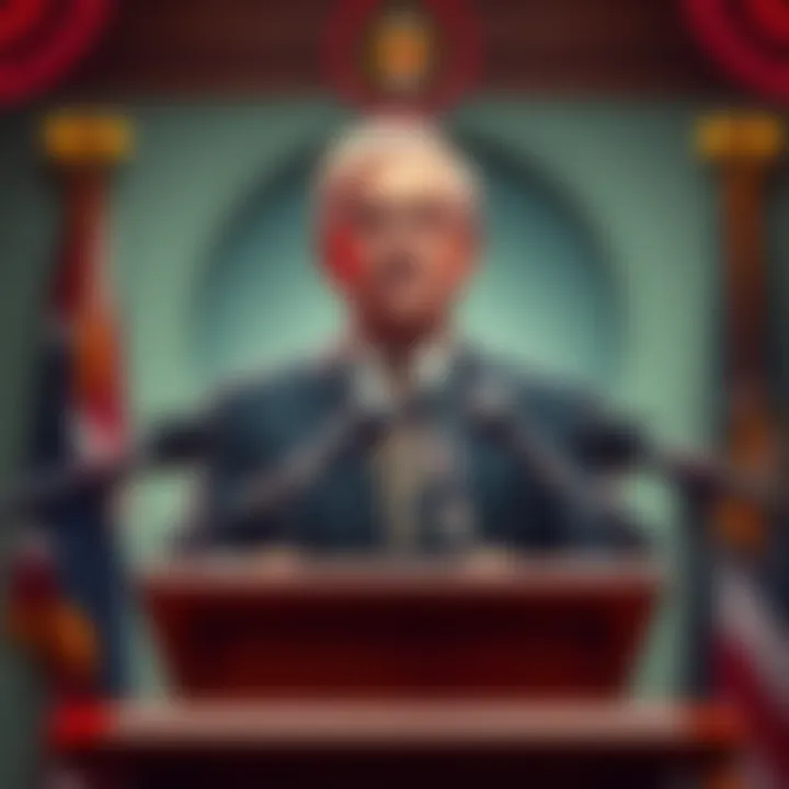 A government official standing at a podium ready to make an important announcement with microphones in front.