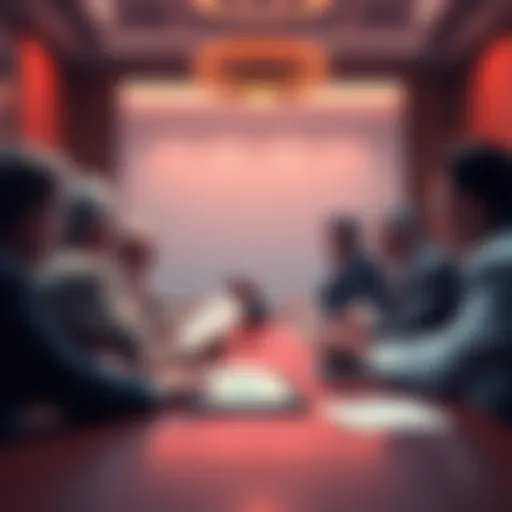 Government officials discussing new regulations for live-service games in a meeting room with charts and notes.
