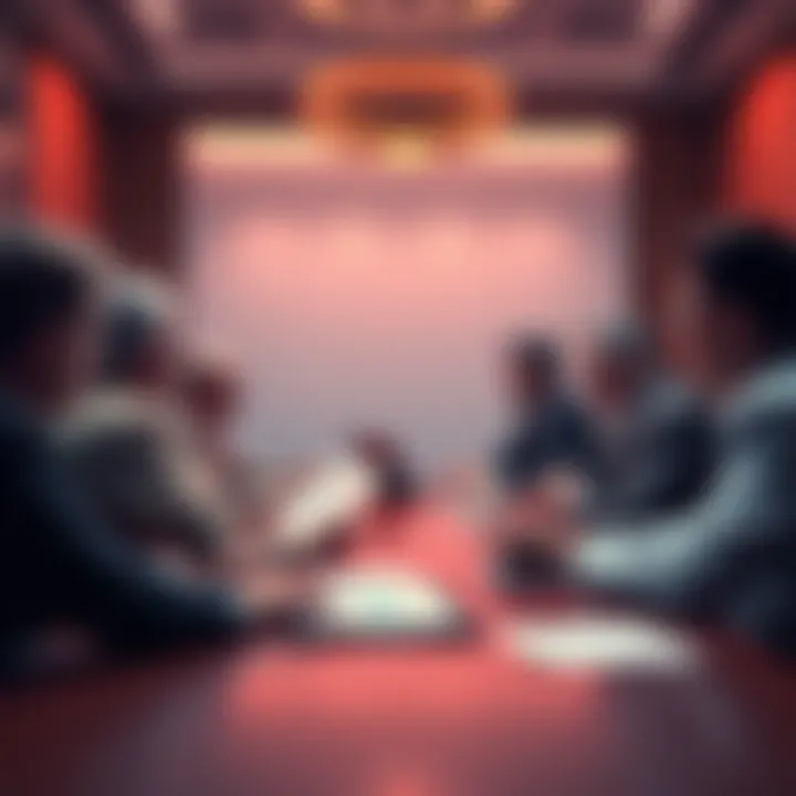 Government officials discussing new regulations for live-service games in a meeting room with charts and notes.