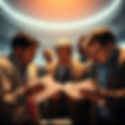 A group of government officials examining documents and reports, highlighting accountability and ownership issues.