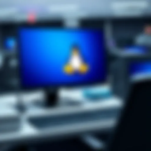 A government office workstation displaying the Linux logo on the computer screen, highlighting the shift from Windows to Linux in The Netherlands.