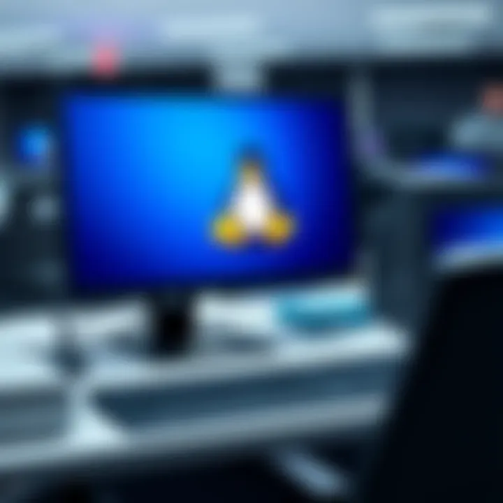A government office workstation displaying the Linux logo on the computer screen, highlighting the shift from Windows to Linux in The Netherlands.