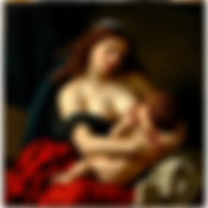 A dramatic painting showing Venus with a fierce expression, holding her son in a dark setting, reflecting themes of power and sacrifice.