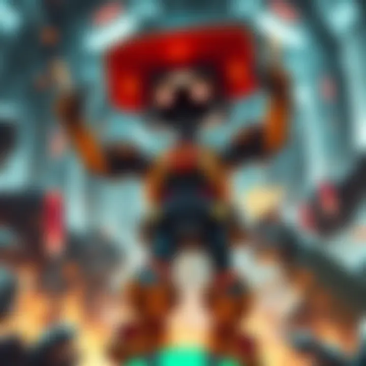 A robotic character from Factorio: Space Age celebrates completing the game in record time, surrounded by game elements and machinery.