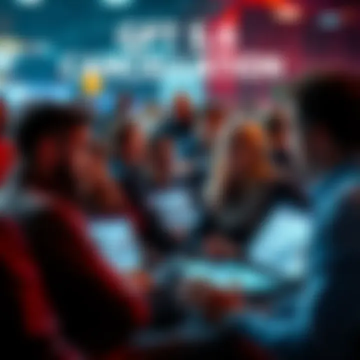 A shocked crowd discussing the cancellation of GPT 5.6, with laptops and tablets open showing AI development graphs and news articles