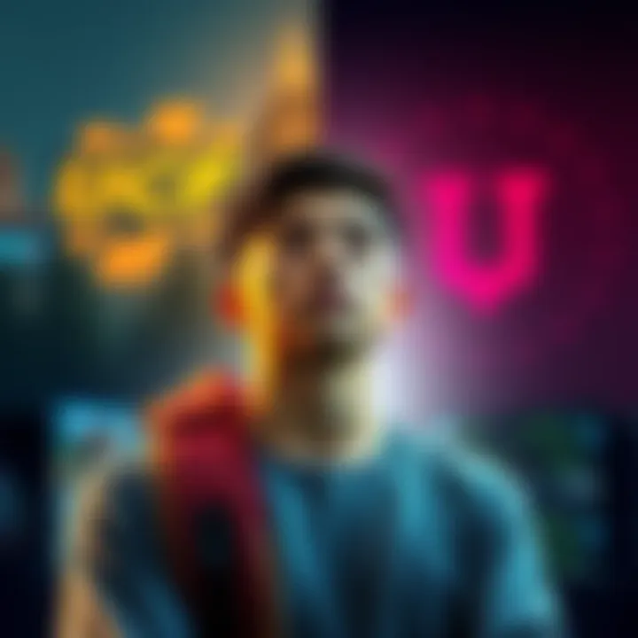 A student contemplating graduate programs at UCF and Utah, with game development images and logos in the background.