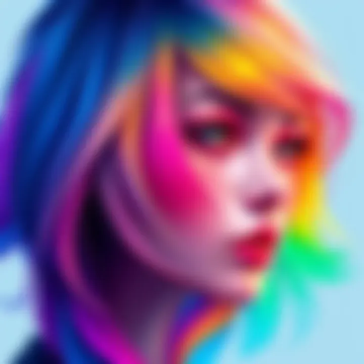 Gradient Hair Curves A digital illustration showing a character with hair curves blended in vibrant gradient colors.