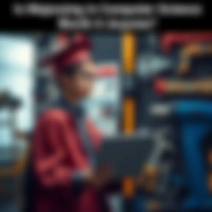 A young graduate holding a laptop, looking thoughtfully at a job board while surrounded by tools and equipment representing blue-collar jobs