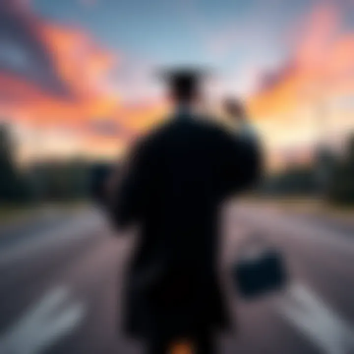A graduate stands at a crossroads holding a laptop in one hand and a toolbox in the other, symbolizing the choice between computer science and blue collar work.