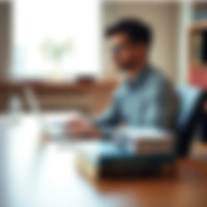 A graduate student sits at a desk with a laptop and books on patent law, contemplating their future in the patent bar exam.
