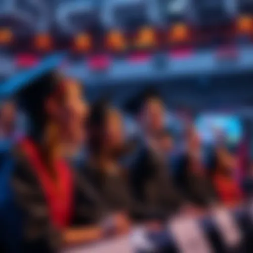 A group of graduates booing industry leaders discussing AI at a graduation ceremony, showing their concerns about job security in the presence of rising technology.