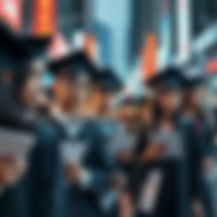 A group of young graduates in caps and gowns looking worried while holding resumes in a busy city street