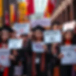 A group of recent graduates holds signs calling for action against AI, showing a mix of determination and concern.