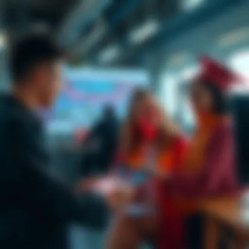 Recent graduates in tech Group of recent graduates discussing their computer science degrees in a tech office setting