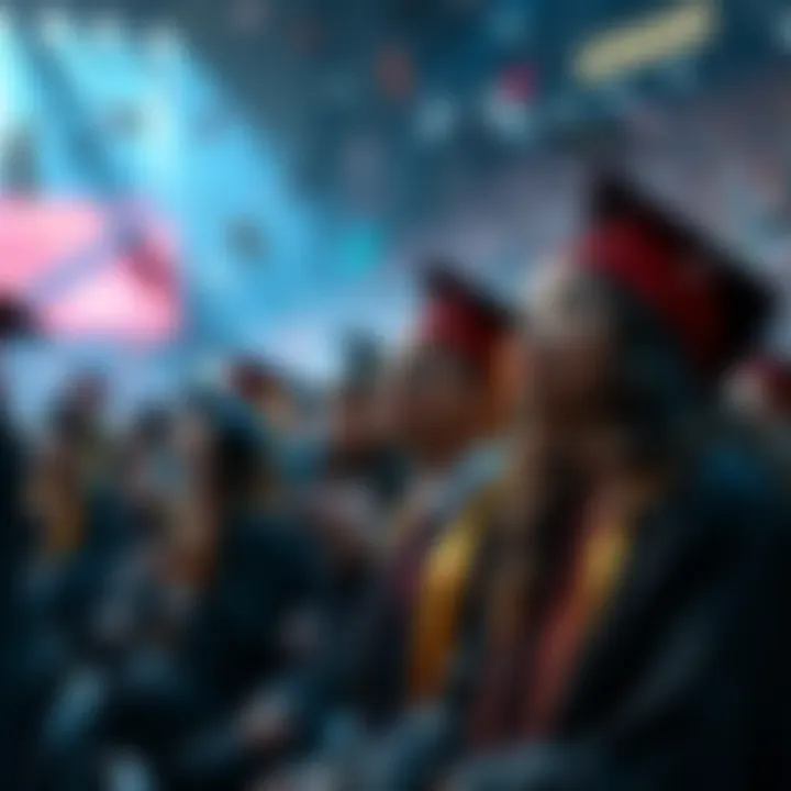 Graduates looking confused and frustrated during a chaotic graduation ceremony due to an AI error