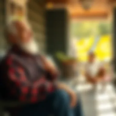An elderly man with a thoughtful expression talks about masculinity, sitting on a porch with a younger man listening attentively.