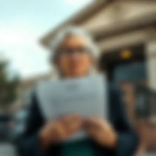 A grandmother with gray hair holding a legal document in front of a courthouse, looking determined