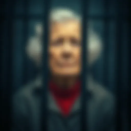 A concerned elderly woman sits in a jail cell with bars in the background, looking worried and confused about her wrongful imprisonment due to an AI error.