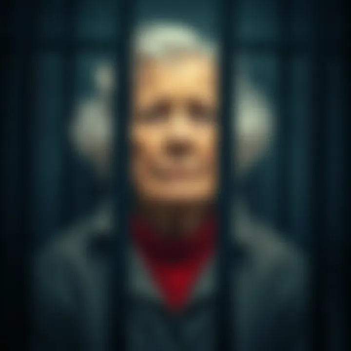 A concerned elderly woman sits in a jail cell with bars in the background, looking worried and confused about her wrongful imprisonment due to an AI error.