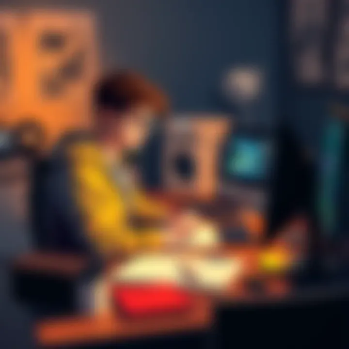 A graphic design student sits at a desk, focused on creating art for a game, surrounded by sketches and a computer, showcasing their passion for game development.