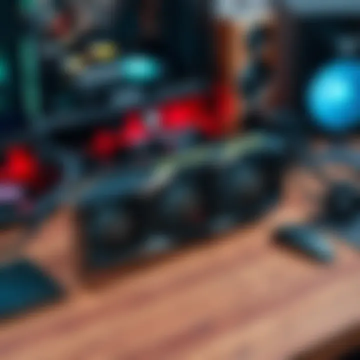 A close-up of a high-end graphics card placed on a wooden desk surrounded by computer components, illustrating hardware for video generation.