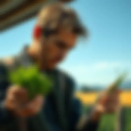 An artist examines two grass samples for a farmhouse scene, considering which option enhances the visual appeal.