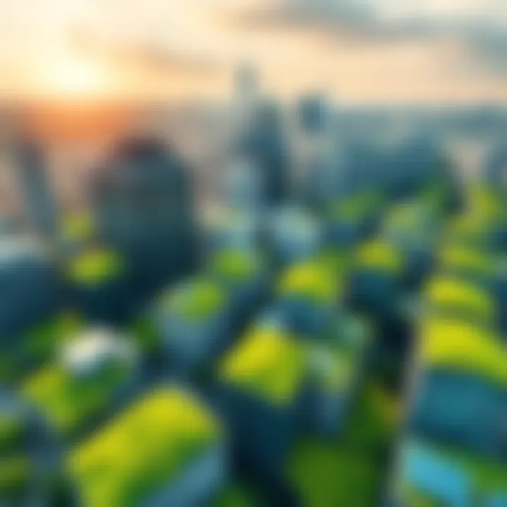 A city skyline with green roofs and solar panels, showcasing sustainable growth practices.