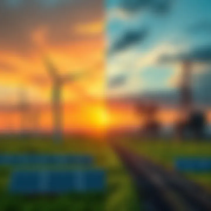 A split image showing renewable energy sources like wind turbines and solar panels on one side, and fossil fuel drilling rigs on the other side, highlighting the contrast between green energy and trad...
