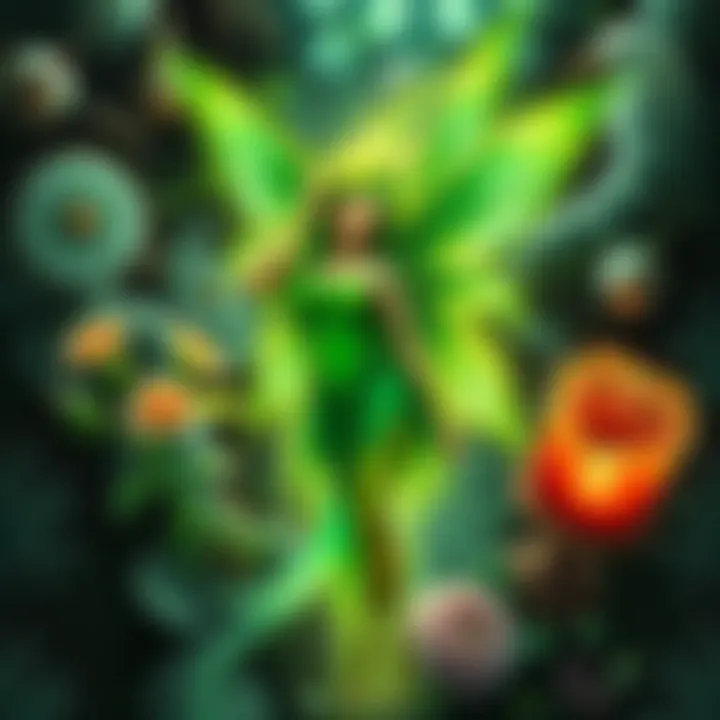A depiction of the Green Fairy surrounded by artistic elements, showcasing her vibrant green colors and ethereal presence, symbolizing creativity and inspiration.