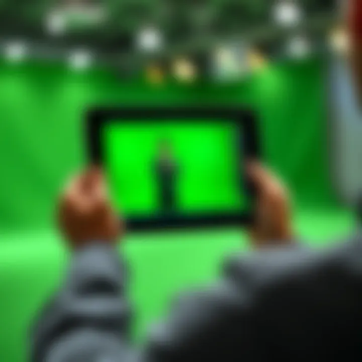 Person using an iPad to apply green screen effects with their own image