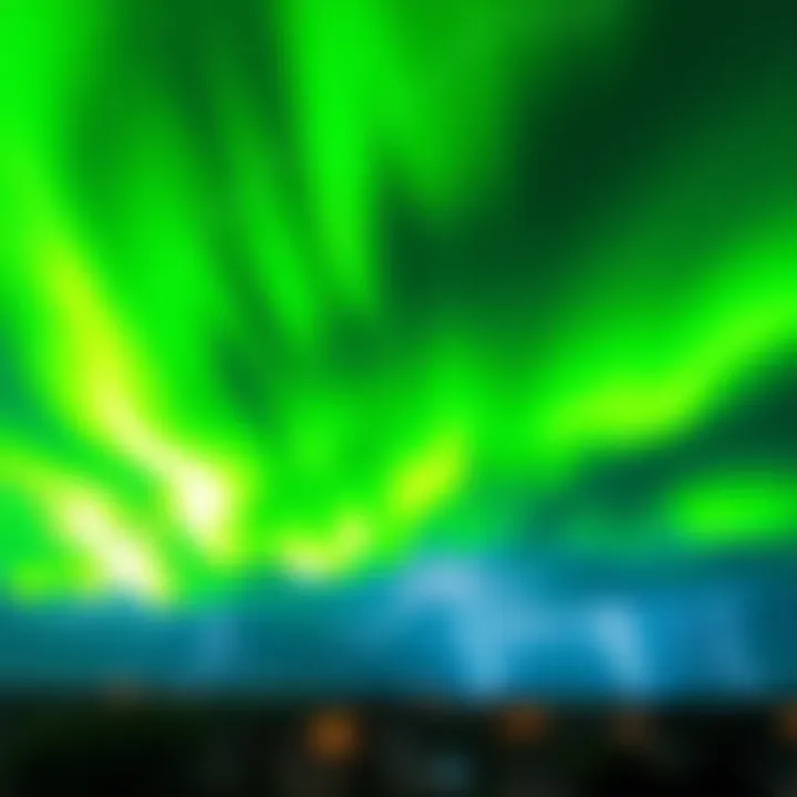 Bright green electrical discharges lighting up the sky above a thunderstorm, showing their unique glowing form.