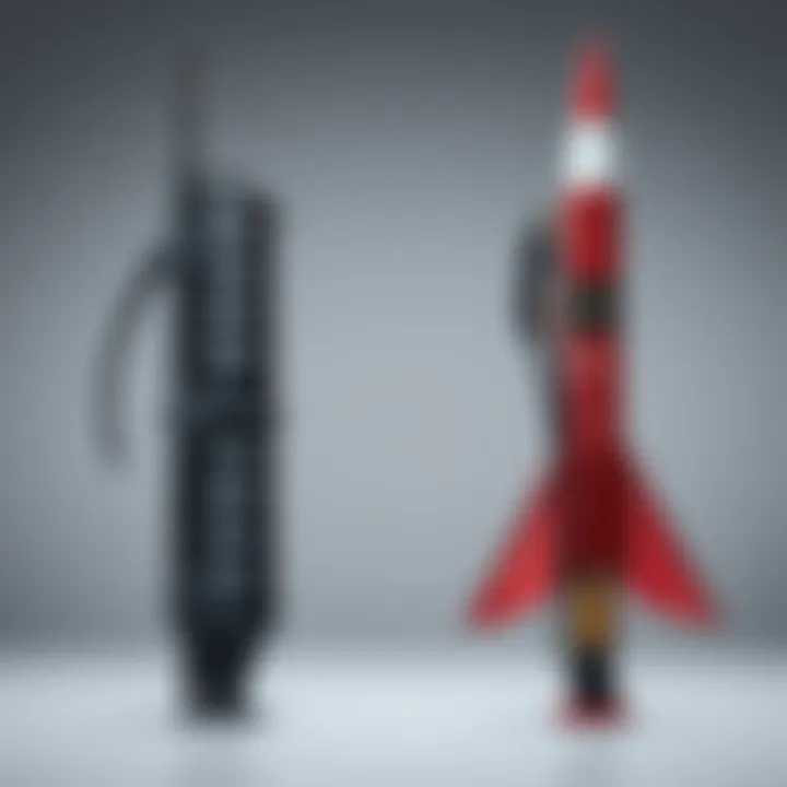 A grenade launcher and a rocket launcher displayed side by side, showcasing their designs and features.