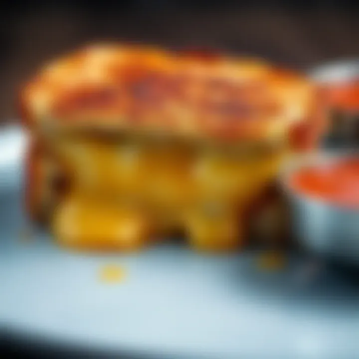 A delicious grilled cheese sandwich with melted cheese oozing out, served with a side of tomato soup.