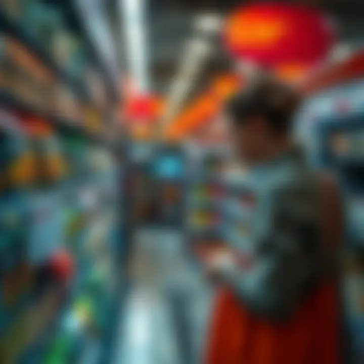Grocery Store Aisle A shopper examining grocery prices on shelves in a store, with a price tag showing potential price changes due to surveillance pricing.