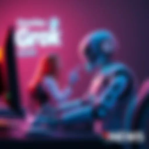 A friendly robot, Grok, engaging with a person at a computer, symbolizing AI and human interaction.