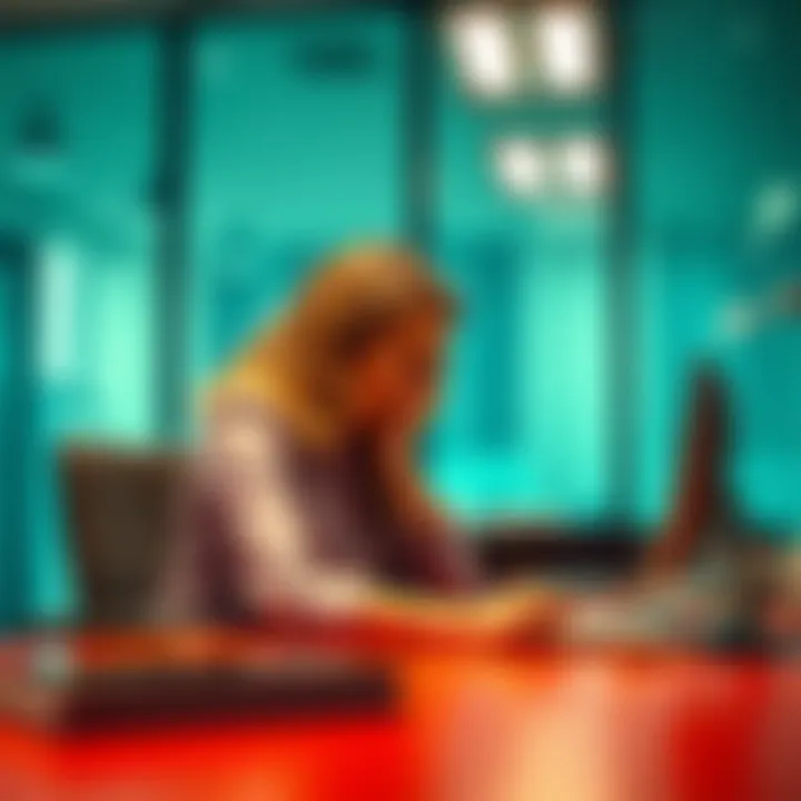 A corporate office setting with a distressed woman at her desk, indicating the resignation of a CEO due to harassment claims.